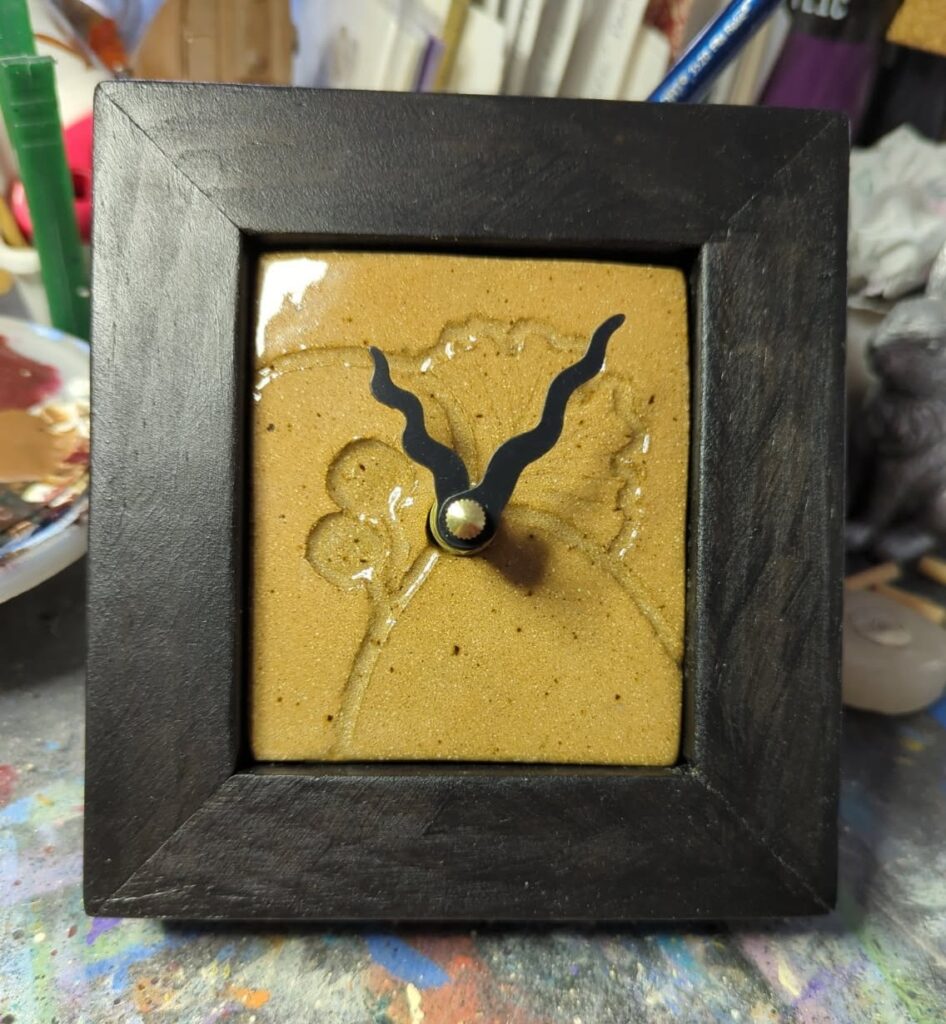 Yellow tile clock with wood frame